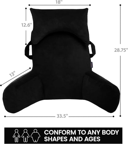 Portable Reading Pillows with Headrest for Bed Sitting Up(Black Oeko-Tex), Velvet Back Pillow with Arms & Pockets for Adults, Support Memory Foam Bed Pillow for Dorm/Reading/Watching/Gaming
