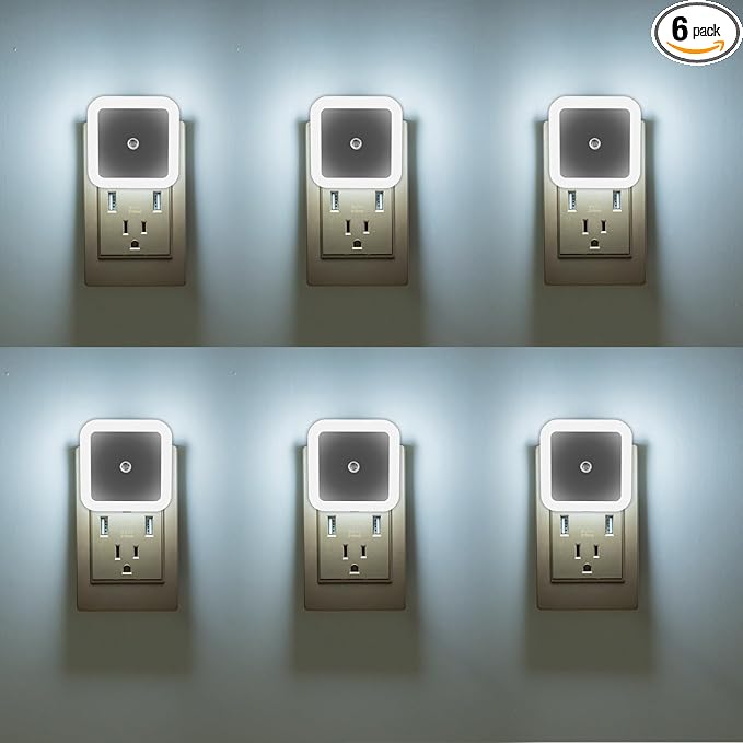 KINUR LED Night Lights Plug into Wall Daylight Color with Dusk to Dawn Night Light Plug in Sensor for Kids Room, Bedroom, Bathroom, Baby Nursery,Stair Lights, Hallway Light 6 Pack