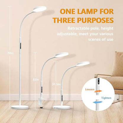 Daylight Floor & Desk Lamp – 11,000 Lux UV-Free Full Spectrum Light, 5 Color Temperatures & 10 Brightness Levels, 360° Adjustable Gooseneck Lamp for Home Office, Bedroom & Reading (White)