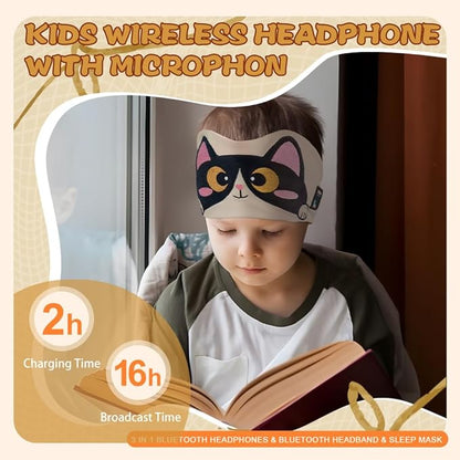 Kids Headband Headphones,Toddler Bluetooth Sleep Mask,Adjustable Wireless Headphones with Wired Playback 3.5 MM Jack Suitable for Study, Travel and Sleep(Beige)