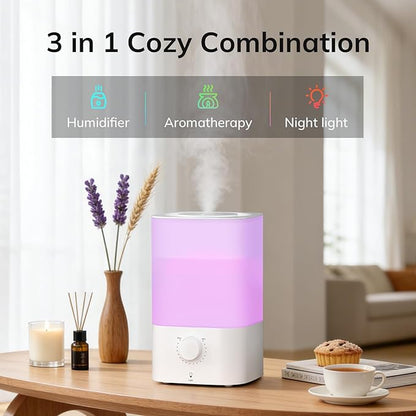 ZAFRO 3.2L Cool Mist Humidifier for Bedroom, 360° Adjustable Nozzle & 7 Color LED Night Light, Top Fill Design & Multiple Mist Levels, 24 dB Quiet Ultrasonic Comfort Humidifiers, White
