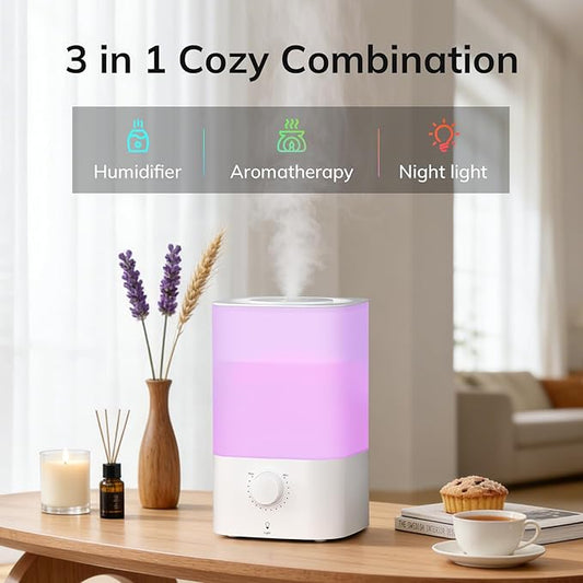 ZAFRO 3.2L Cool Mist Humidifier for Bedroom, 360° Adjustable Nozzle & 7 Color LED Night Light, Top Fill Design & Multiple Mist Levels, 24 dB Quiet Ultrasonic Comfort Humidifiers, White
