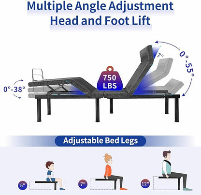 MUUEGM Full Adjustable Bed Frame with Thickened Frame, Head and Foot Lift, Head-Pillow-Tilt, Adjustable Beds with Smart APP Control, Massage, Zero Gravity, Anti-Snore, Wireless Remote,USB Ports