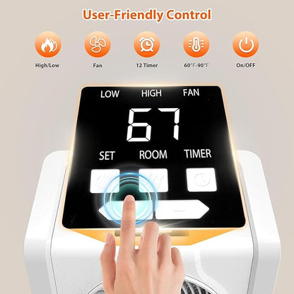 HEATIT Space Heater for Indoor, Digital Display with Thermostat,1-12H Timer,Fan Mode,1500W/750W,Electric Space Heater for Office, Bedroom,White,10.6"Dx7.0"W x 11.8"H