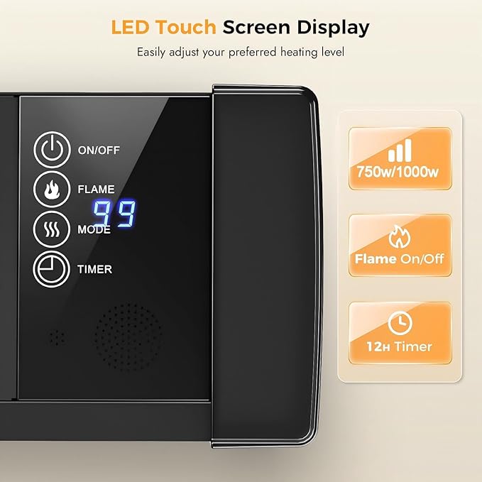 Baseboard Heater with Flame - 1000W Electric Fireplace Heater with Realistic 3D Flame Effect, Adjustable Thermostat Space Heater for Large Room, Office, Bedroom, Tip-Over & Overheat Protection
