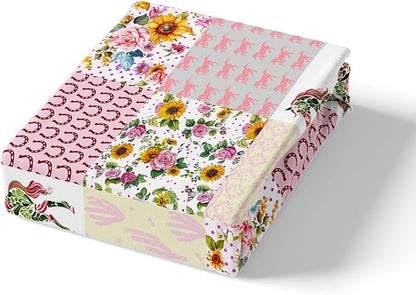 Cowgirl Boots Fitted Sheet,Full Size Western Cowboy Floral Horse Horseshoe Rustic Farmhouse Collections,Retro Pink Lattice Patchwork Bedding Deep Pocket for Teens Young with 2 Pillowcases
