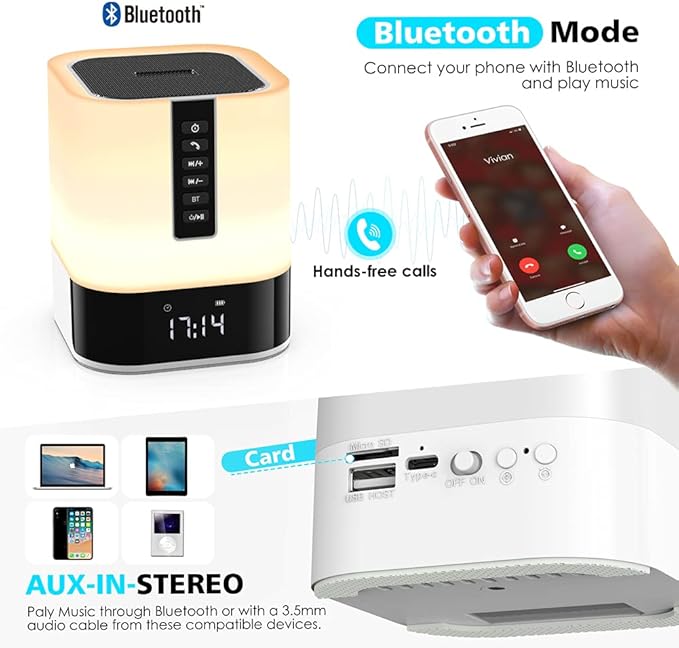 Night Light Bluetooth Speaker, 5 in 1 Touch Control Bedside Lamp Dimmable Multi-Color Changing, Bedroom Alarm Clock, Best Birthday Gift Ideas for 10 11 12 13 14 Year Old Teenage Girls/Boys