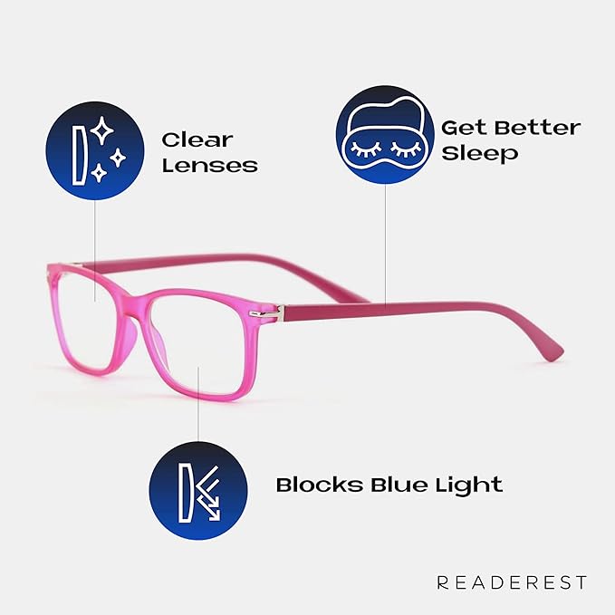 Readerest Blue Light Blocking Glasses – Thin Reflective Lens, Anti-Glare Computer Eyeglasses, UV Protection, Eye Strain Relief (Pink, 3.25 Magnification)