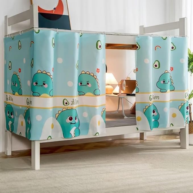 Bottom Bunk Bed Curtains Sheer Privacy Cloth Underbed Curtains for Low Loft Bed Twin, 2 Panels, Light Blue Dinosaur