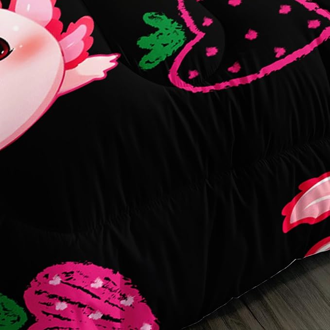 Cute Axolotl Bedding Set Full Size,Pink Axolotl Strawberry Printed Comforter Sets Aesthetic Bedding for Kids Girls,Beach Coastal Animal Themed Comforter Sets with 2 Pillowcases.