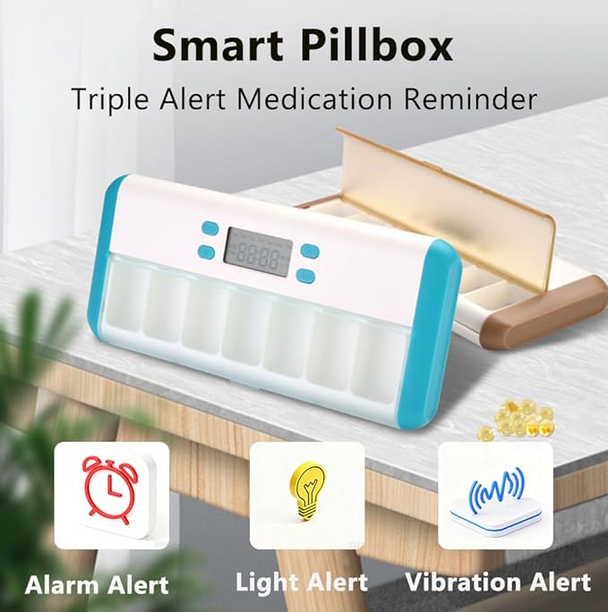 Automatic Medicine Dispenser - 7 Alarms (Beep, Vibration, Light), Large Compartments, Moisture-Proof, Portable Pill Organizer with Large Screen & Indicator Lights