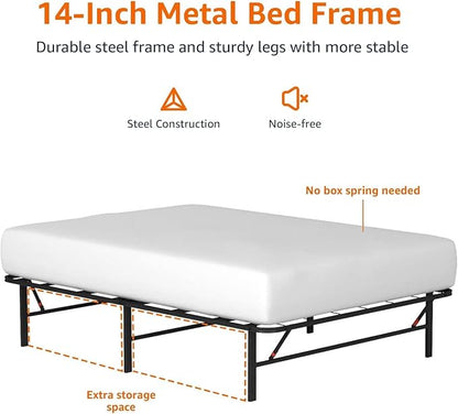 Amazon Basics Bed Frame with Ample Underbed Storage, Foldable Metal Platform, Sturdy Steel, No Box Spring Needed, 14 inches High, Noise-Free Support, Easy Assembly Tool-Free Setup, Full Size, Black