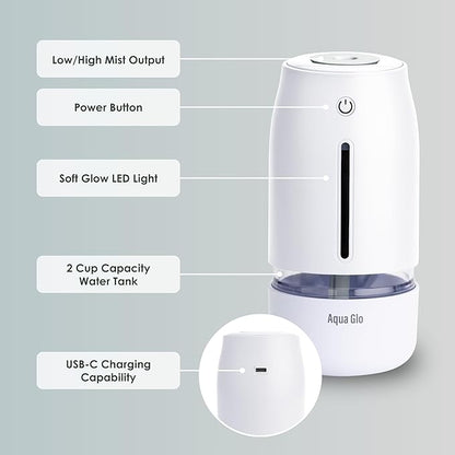 Aqua Glo Personal, Portable Humidifiers for Bedroom – Ultrasonic Cool Mist Humidifier with Built In Rechargeable Battery. Air Humidifier for Baby, Plants, Home, Office, Travel. White