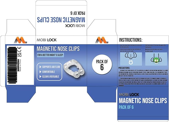 Pack of 6 Magnetic Anti-Snore Clips - Silicone Nose Clips - Reusable Snoring Solution for Nasal Snorers - Enjoy a More Peaceful Night's Sleep - by Mobi Lock