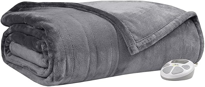 Serta Luxuriously Soft Plush Electric Blanket Fast Heating Cozy Cover, Safety Auto Shut Off Timer, Low EMF, Multi Heat Setting, ETL Certified, Machine Washable, Grey Twin (84 in x 62 in)