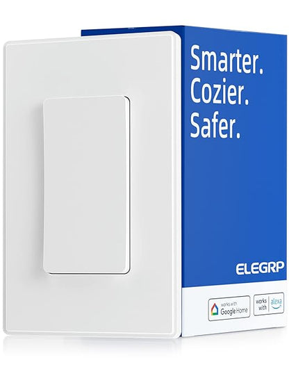 ELEGRP Smart Light Switch, 2.4GHz Wi-Fi Light Switch Compatible with Alexa & Google Assistant, Neutral Wire Required, APP Control and Timer Schedule, UL Certified, Single Pole/3 Way, White, 1 Pack