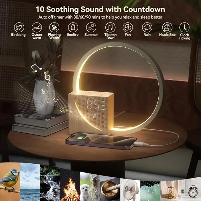 Smart Wake-Up Alarm Clock for Heavy Sleepers - 10 Soothing Sounds, 3-Level Dimmable Lamp, Snooze Function, USB Charger, Gentle Sunrise Simulation & Timer
