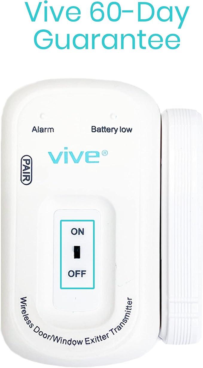 Vive Door and Window Alarm - Wireless Sensor Operated Kit for Elderly Dementia Patient Safety - Automatic Motion Health Alert System - Adhesive Strip and Battery Included - for Health Care, Caretakers