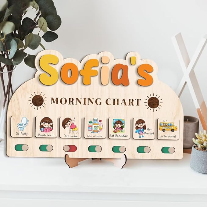 Wooden Morning Routine Chart, Visual Schedule for Toddlers, Wall Art, Rectangular, 13 x 8 inches, Minimalist, Education, Bedroom, Nursery