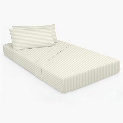 Ivory Stripe 4-Piece Cot Bed Linen Set - Fitted Sheet 33" x 75", Flat Sheet 64" x 94", 2 Pillow Cases 20" x 30" - Perfect for Folding Guest or Rollaway Beds