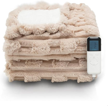 Heated Electric Blanket Throw Size Faux Fur & Sherpa 50" x 60" Soft Heating Blanket with 6 Heating Levels & 1-8 Hours Auto Off, Beige