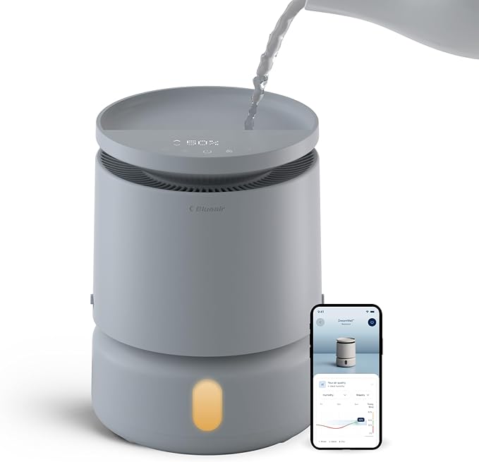 BLUEAIR Room Humidifier - DreamWell - 48Hr Top-Fill Mist-Free InvisibleMist Technology Aroma Stone for Essential Oils and Soothing Mood Lighting - Quiet Operation for Bedroom and Home Use, Grey