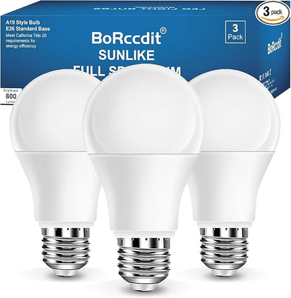 Full Spectrum Light Bulb, 6000K Natural Sunlight Bulbs, Bright Light Bulbs 9W 60W Equivalent, Cool White Comfortable Light, A19, E26/E27 (A19, Count, 3)