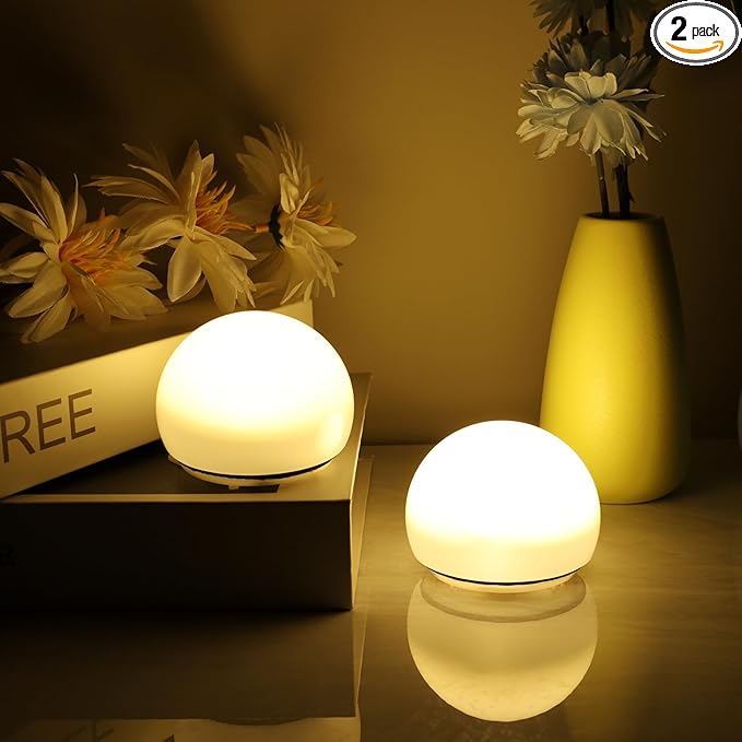 Portable LED Night Lights, Battery Operated, Soft Eye Caring for Sleep Aid, Bedroom Lamps, Wireless Warm Light with Timer (2PCS)