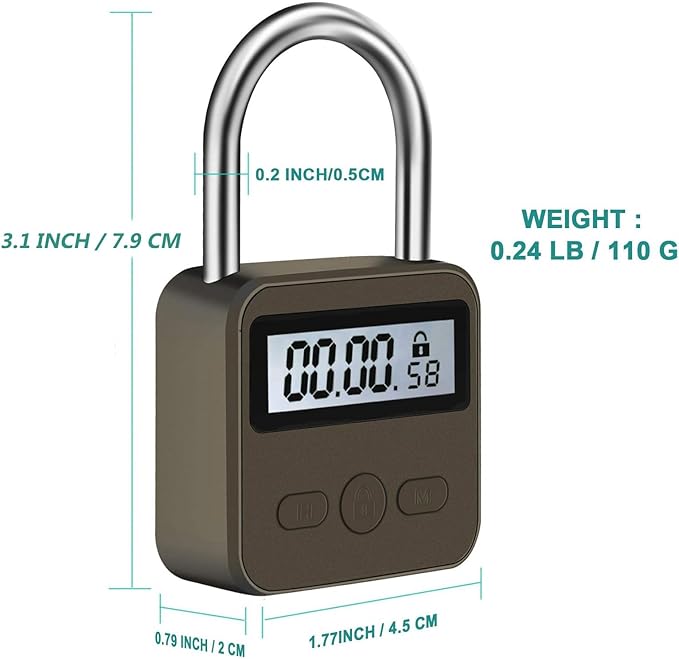 Metal Time Padlock - Multi-Function Timer Lock 99 Hours Max Timing with Electronic LCD Timed Display Micro USB Rechargeable Black