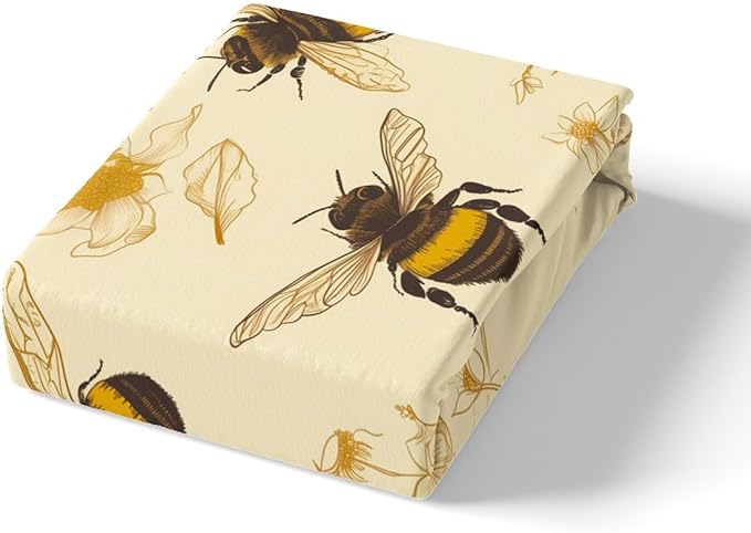 Honeycomb Bee Kids Fitted Sheet Twin Size,Hand Drawn Flowers Leaves Rustic Bedding Set,Boys Girls Room Decor,Wildlife Animals Farmhouse Bed Cover,Yellow Beige Bed Sheet,1 Pillowcase