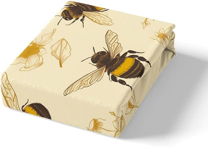 Honeycomb Bee Kids Fitted Sheet Full Size,Hand Drawn Flowers Leaves Rustic Bedding Set,Boys Girls Room Decor,Wildlife Animals Farmhouse Bed Cover,Yellow Beige Bed Sheet,2 Pillowcases