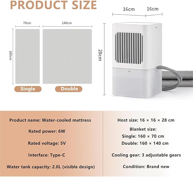 Cooling Mattress Pad for Bed, Electric Water Cooler Mattress Topper System for Hot Sleeper and Night Sweats, 3 Adjustable Speed Water Cooling Fan Mattress Single