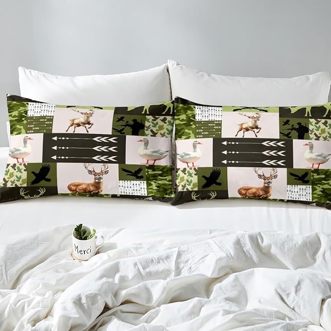 Cabin Deer Kids Fitted Sheet Full Size,Hunt Arrows Geometric Camo Grids Bedding Set,Boys Girls Room Decor,Duck Bass Fish Sealife Wild Animal Rustic Bed Cover,Green Bed Sheet,2 Pillowcases,No Top Sheet