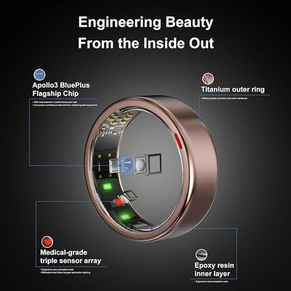 Smart Ring for Women Men- Sleep/Fitness/Stress/Heart Rate Tracker- Menstrual Records - 7 Days Battery Life - Wireless Charging - No APP Subscription - iOS & Android Compatible(Rosegold,Size 10)