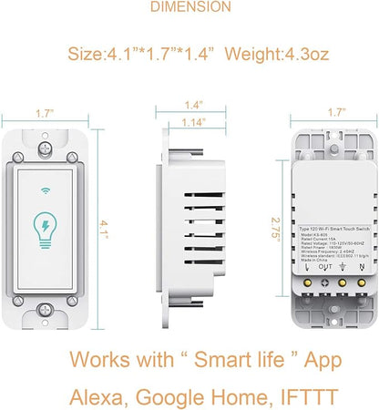 Micmi Smart Switch, WiFi Light Switch in-Wall Compatible with Amazon Alexa Google Home, Timing Function, Suit for 1/2/3/4 Gang Switch Box, Neutral Wire Required (1 Gang Smart Touch Switch 4pack)
