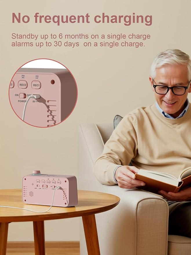 Medication Pill Reminder, RechargeableTalking Alarm Clock with 3 Custom Voice RecordingAlarms, Touch-to-Talk, a Digital Alarm (Clocks Gift forMom/Dad/Seniors/Elderly(Pink)