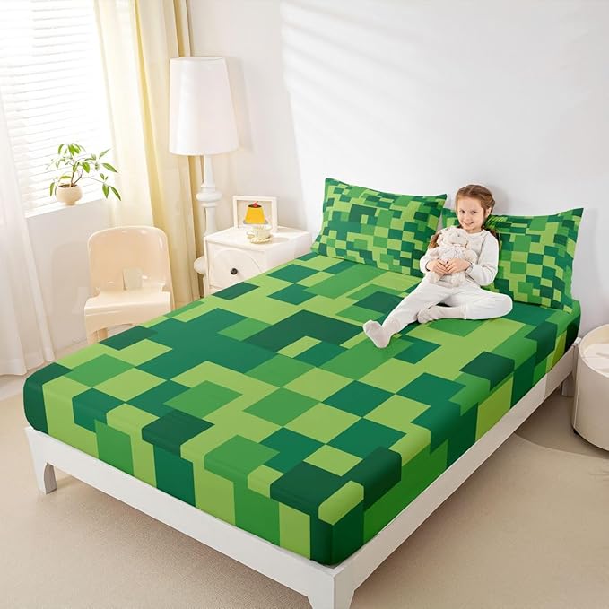Pixelated Blocks Kids Full Size Fitted Sheet,Patchwork Square Video Games Room Decor,Abstract Geometric Grid Boys Girls Bed Sheets,Green Bedding Set,2 Pillowcases(No Flat)