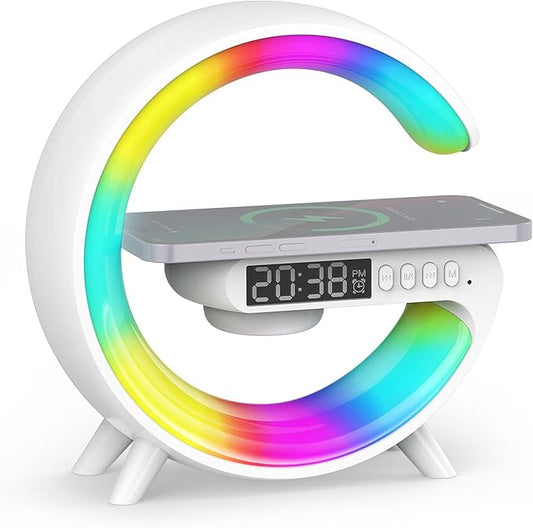 Smiling Shark Wake Up Light, Atmosphere Desk Light with 15W Wireless Charger & Bluetooth Speaker Button Control 10 Lights Mode Sunrise Simulation Alarm Clock Smart Light for Home Decor Bedroom