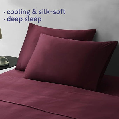 YnM Cooling Bed Sheet Set with 100 Percent Rayon Derived from Bamboo, 400TC Fabric with 2 Pillowcases and Flat Sheet, Deep Pocket Fit 19'', Silky-Soft & Sweat Wicking, 4 Piece (Ca King, Rose Purple)