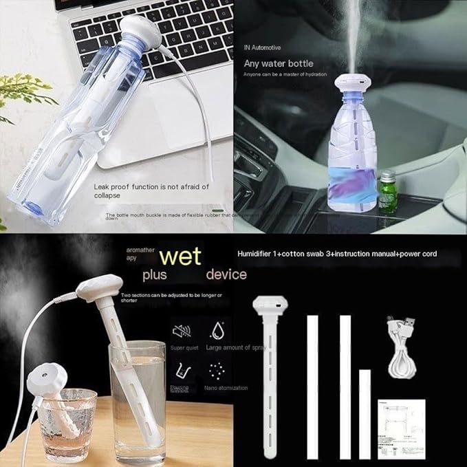 White Portable Mini Humidifier, Water bottle USB Cool Mist Small Humidifier with blue Lights.Perfect for Bedroom, Office, Plants, travel & Car(1PCS)