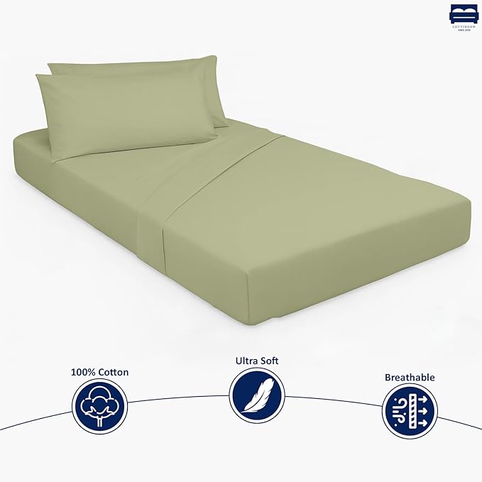 Cottingon 33"x75" Cot Sheet and Pillow Case 4 Piece Set, 100% Egyptain Cotton Soft Bedding Perfect for Rollaway, Folding, Guest Bed Frame, Fits Upto 7" Deep Mattress, Sage Solid