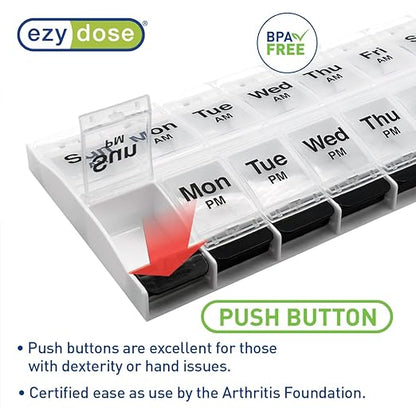 EZY DOSE Push Button (7-Day) Pill Case, Medicine Planner, Vitamin Organizer, 2 Times a Day, AM/PM Container, X-Large Compartments, Arthritis Friendly, Easy to Use, Clear Lids, Clear/Black, BPA Free