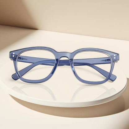 Reading Glasses for Men Women Blue Light Blocking with Spring Hinge, Blocking Readers Anti UV Ray Filter Eyeglasses, Square Computer Reader Glasses，Transparent Deep Blue，+0.0