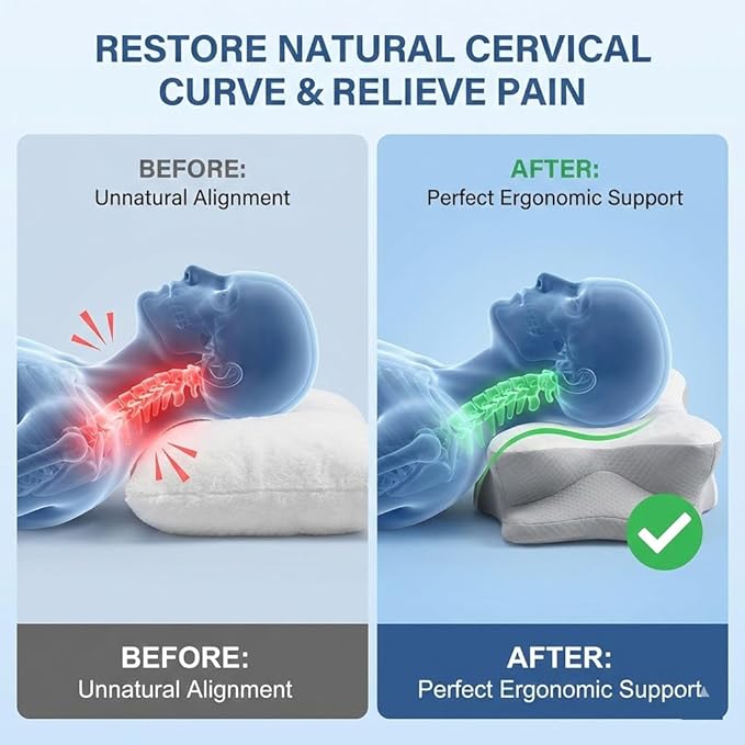 Cervical Neck Pillow for Pain Relief-Ergonomic Side Sleeper Pillow，Cooling Memory Foam Pillows for Neck Support,Contour Orthopedic Pillows for Back Stomach Sleepers (Grey&White 2)