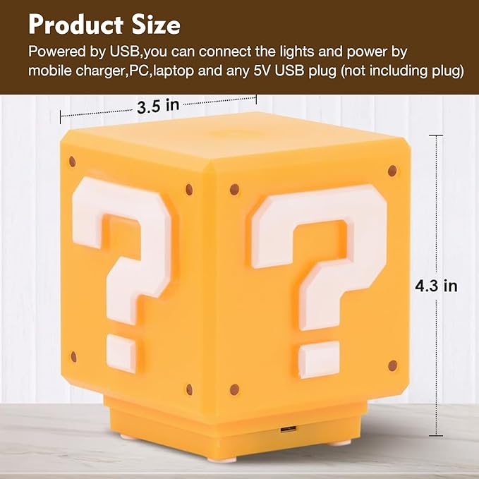 TLAOTNIY Super Bros Mini Question Block Night Lights - USB Powered Bedside Lamp with Game Sound Effects - Gift for Friends & Fans (2Pack)