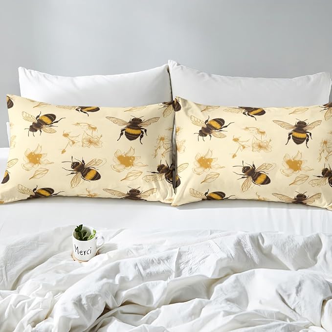 Honeycomb Bee Kids Fitted Sheet Twin Size,Hand Drawn Flowers Leaves Rustic Bedding Set,Boys Girls Room Decor,Wildlife Animals Farmhouse Bed Cover,Yellow Beige Bed Sheet,1 Pillowcase