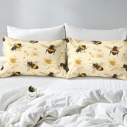 Honeycomb Bee Kids Fitted Sheet Twin Size,Hand Drawn Flowers Leaves Rustic Bedding Set,Boys Girls Room Decor,Wildlife Animals Farmhouse Bed Cover,Yellow Beige Bed Sheet,1 Pillowcase