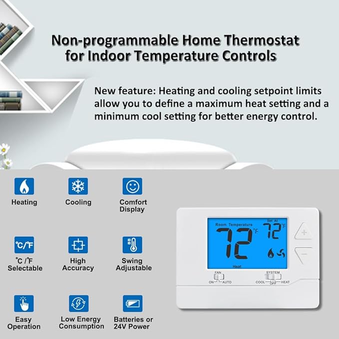Thermostat for House Non-Programmable Single-Stage Systems,1 Heat / 1 Cool,Easy DIY Install,Blue Backlight