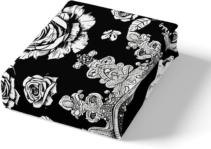 Manfei Floral Skull Kids Sheet Set Queen Size, Gothic Skull Crown Flower Bed Sheet Set 4pcs (Fitted Sheet, Flat Sheet, 2 Pillowcases), Halloween Theme Bedding Set for Boys Girls Bedroom Decor