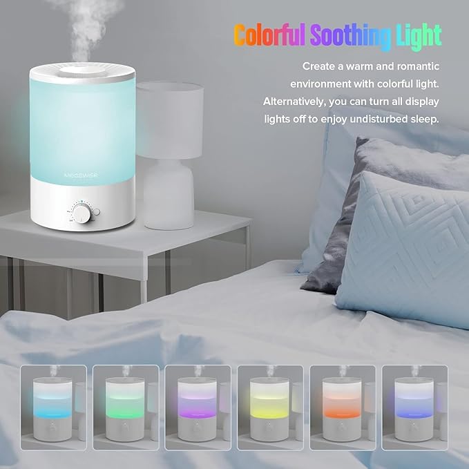 MEGAWISE 3.5L Cool Mist Humidifier – Ultra-Quiet Ultrasonic Vaporizer with Top-Fill Design, Essential Oil Diffuser, 7-Color Night Light & Auto Shut-Off